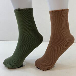Ribbed Solid Color Crew Socks Green & Brown 2 Pairs Cozy & Stretchy Unisex